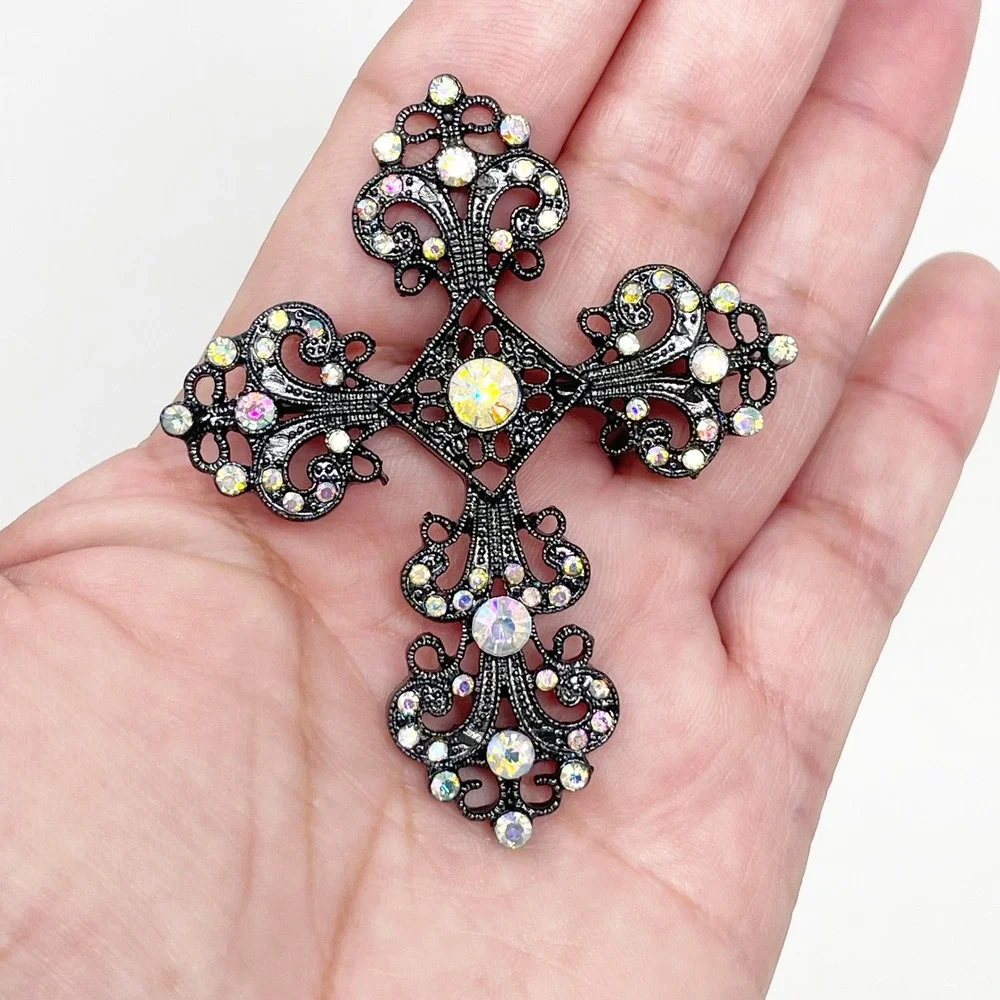 Gunmetal Cross Brooch AB Rhinestone Filigree Gothic Dark Fairy Vampire Core 2.5